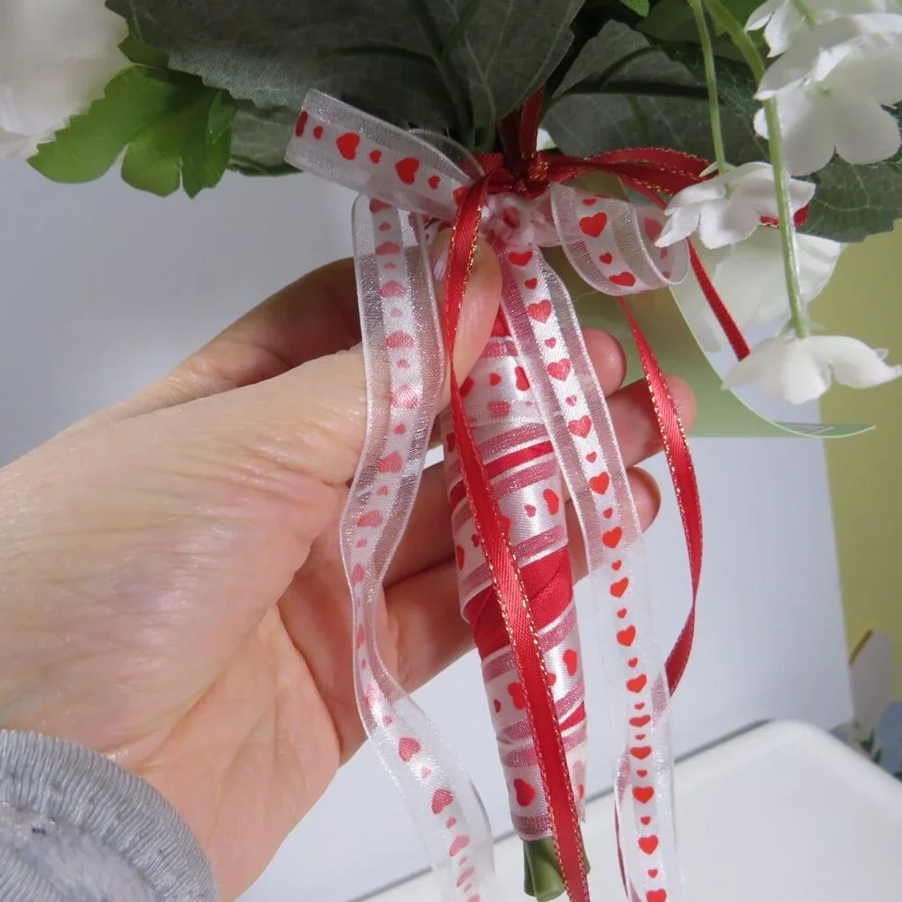 White Cabbage Roses & Verbena Hand held bouquet with heart ribbons Valentines